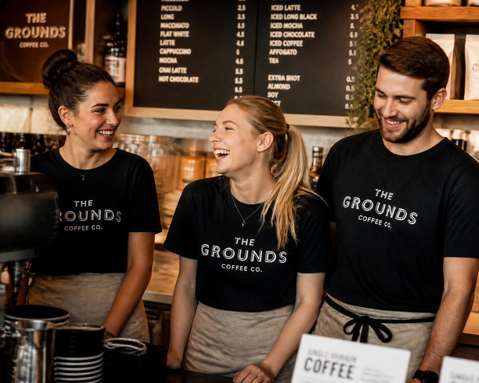Cafe staff wearing custom-printed shop tees by CC Print