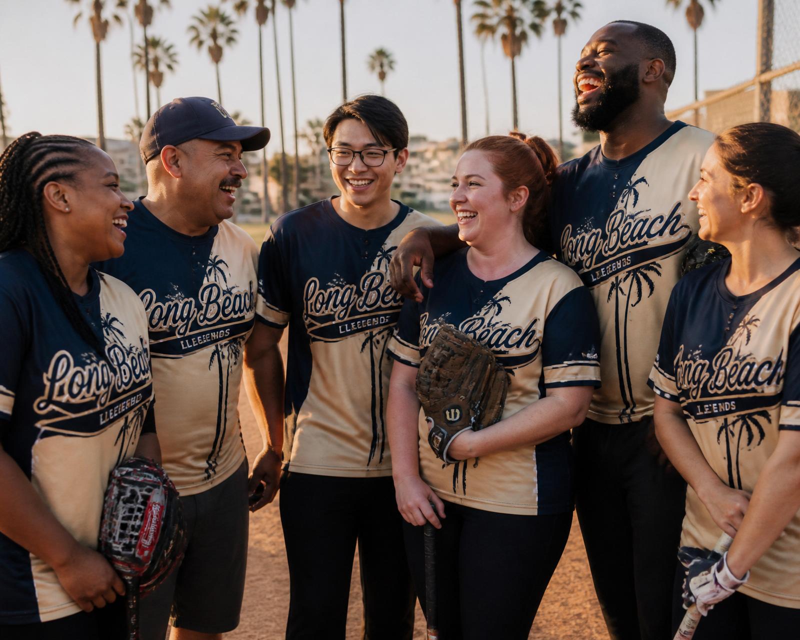 Long Beach adult softball league team in custom-printed jerseys by CC Print